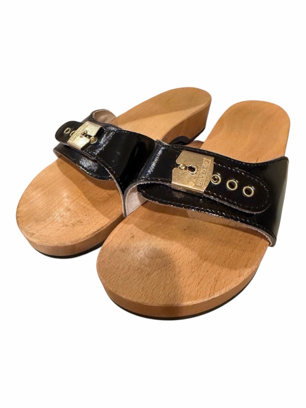 Vintage 90s Dr. Scholl’s Italy Wood Sandals Black Patent Sz 7 - GREAT CONDITION!